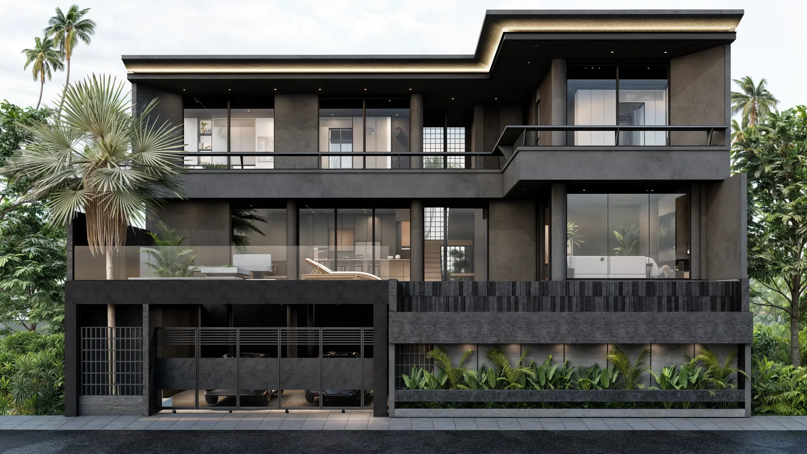 OKAH, street elevation at dusk
